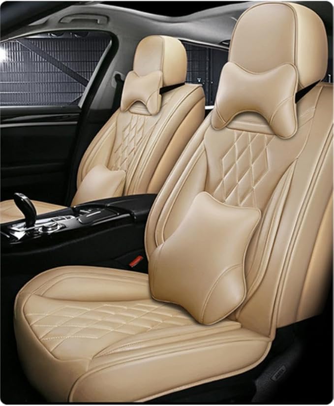 Leather Car Seat Covers for Volkswagen Atlas 2019-2023 Waterproof,Breathable and Non-Slip Napa Leather Car Interior Seat Covers,Comfortable and Durable,Easy to Install(5PCS,Luxury,Beige)