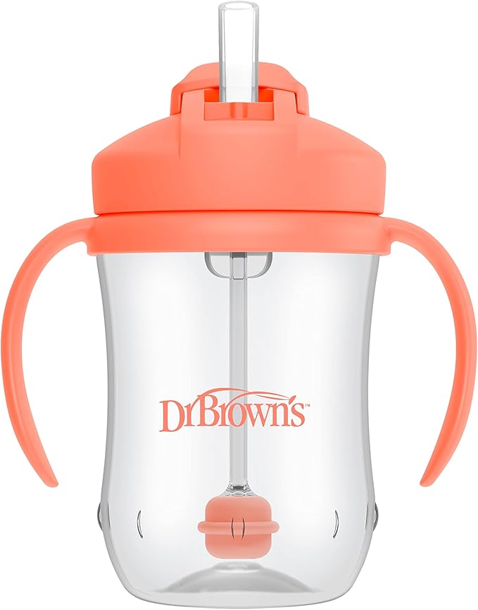 Dr. Brown's Milestones, Baby's First Straw Cup Sippy Cup with Straw, 6m+, 9oz/270ml, 2 Pack, Coral & Olive Green, BPA Free