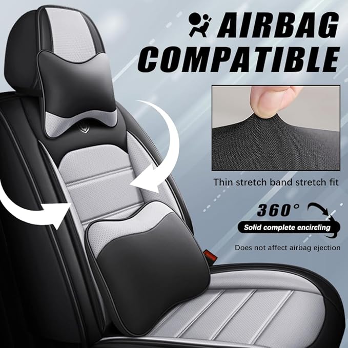 Leather Seat Cover for Ford Edge 2010-2026,Waterproof Soft Seat Covers,Interior Accessories Seat Covers Cushion Vehicle Protector Airbag Compatible(Black&Gray,Full Set with Pillow)