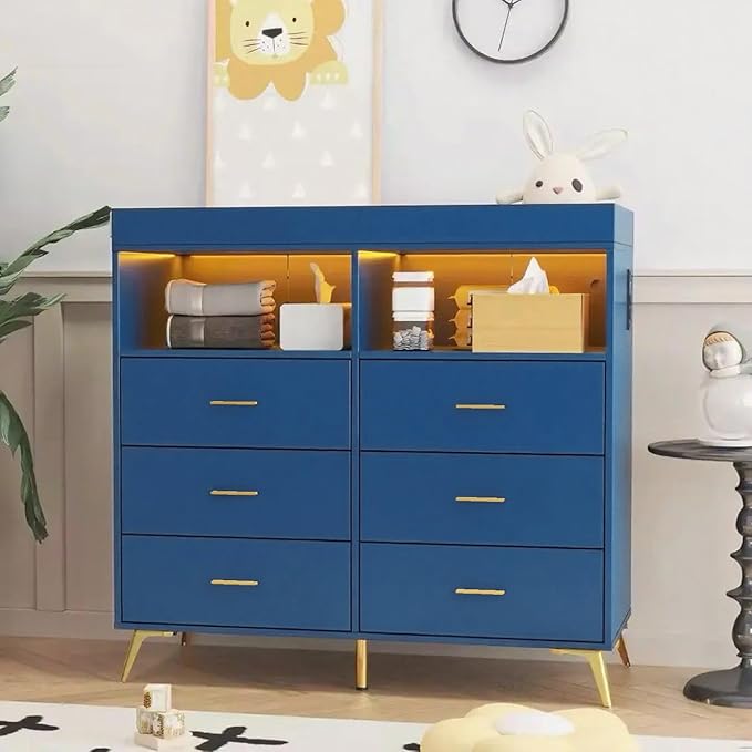 Changing Table Dresser with Drawers, Baby Dresser with Changing Table Top, Power Outlet, LED Light & Metal Feet, Diaper Changing Station Nursery Organizer for Infants Newborn (Blue)