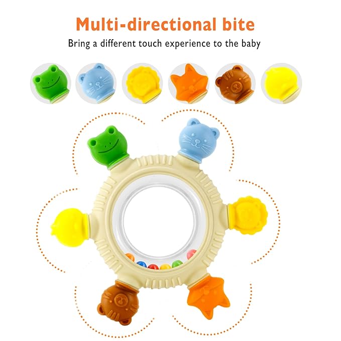 Baby Teething Toy for 0-6 6-12 Months Sensory Toys Baby Rattle Teether | Freezer Safe Silicone Teether | Silicone Baby Teething Ring for Teething Relief | BPA Free, Easy Grip Design for Infants