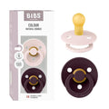 BIBS Colour Pacifier 2-Pack, BPA Free, Round Nipple. Natural Rubber Latex, Made in Denmark, Size 1 (0-6 Months) - Petal/Plum