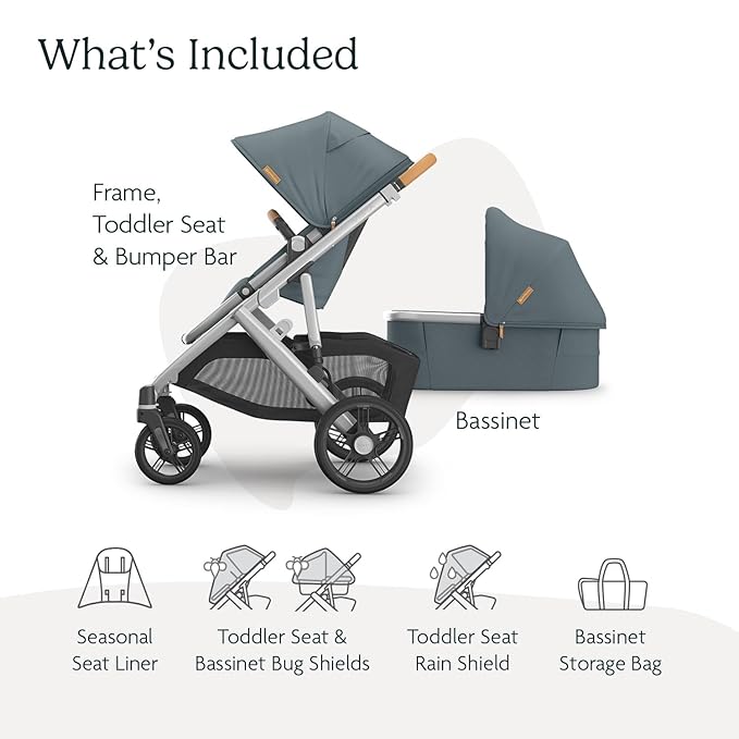 UPPAbaby Vista V3 Stroller + Bassinet V3 - Convertible Single-to-Double Stroller System- Bassinet, Toddler Seat, Bug Shield, Rain Shield Included- Callum (Stone Blue/Silver Frame/Sand Leather)