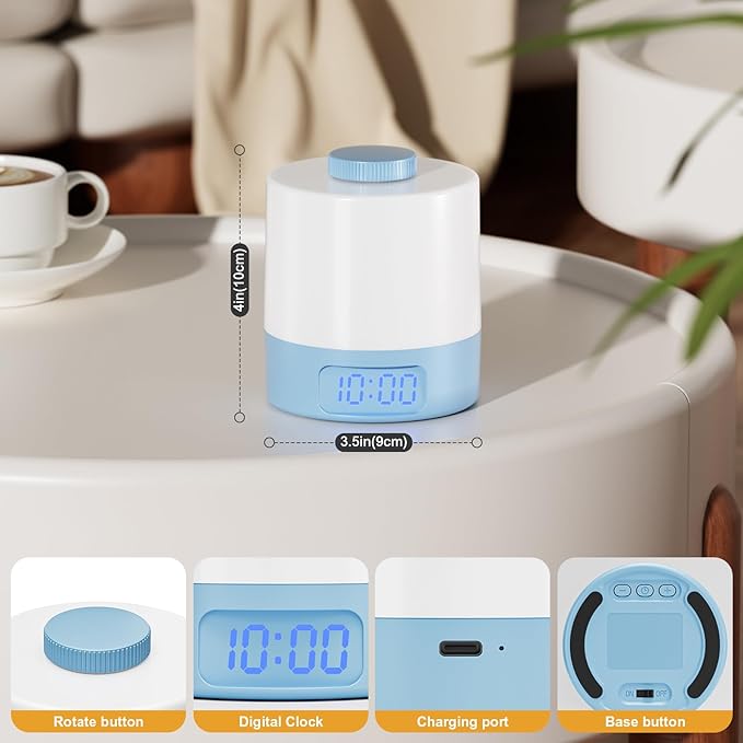 WOBANE Night Light for Kids, 3 Colors Dimmable Baby LED Lighting, 3600mAh Battery Rechargeable with Clock, Portable Bedside Lamp for Nursery, Breastfeeding, Adults, Blue