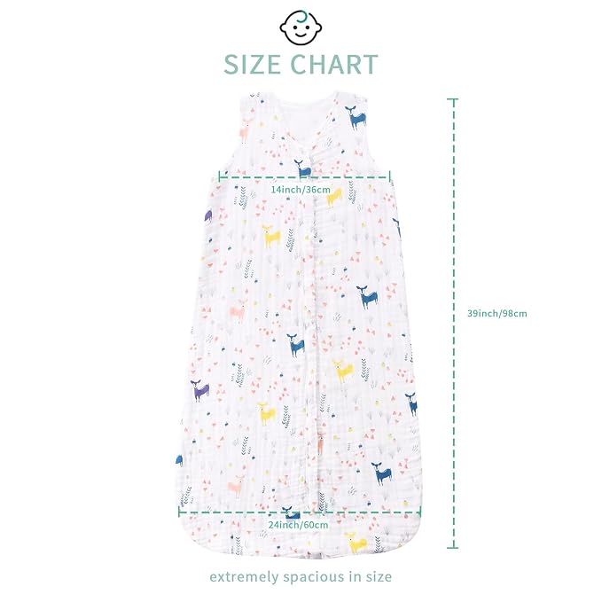 TADO MUSLIN Toddler Sleep Sack 2-4T, 0.5 TOG Lightweight Wearable Blanket, 100% Organic Cotton Muslin, Sleeveless, 2-Way YKK Zipper, OEKO-TEX Certified, Cute Deer