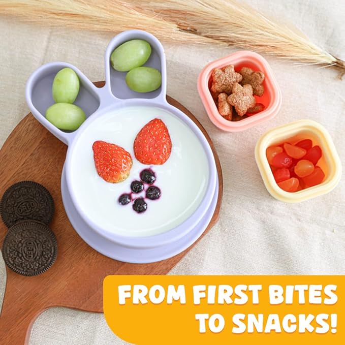 Baby Plates with Suction - Self-Feeding Tools for Baby - Made in Korea - Suction Plates Feeding Essentials - Ideal Baby Food Plates - Perfect Design for Toddlers (Yellow, Rabbit)