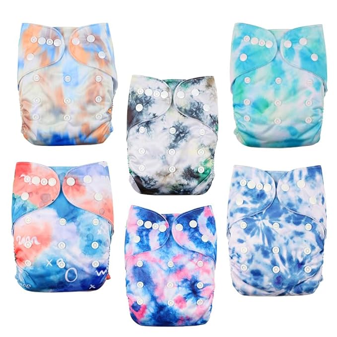 wegreeco Cloth Diapers 6 Pack with 6 Inserts & 1 Wet Bag, Washable Cloth Diapers for Babies, One Size Adjustable Reusable (Tie-dye, Ink)