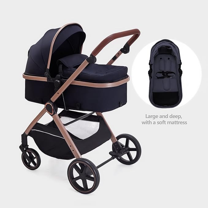 2 in 1 Baby Stroller, Newborn Infant Toddler Convertible Bassinet Pram Stroller for 0-36 Months Old Babies (Black)