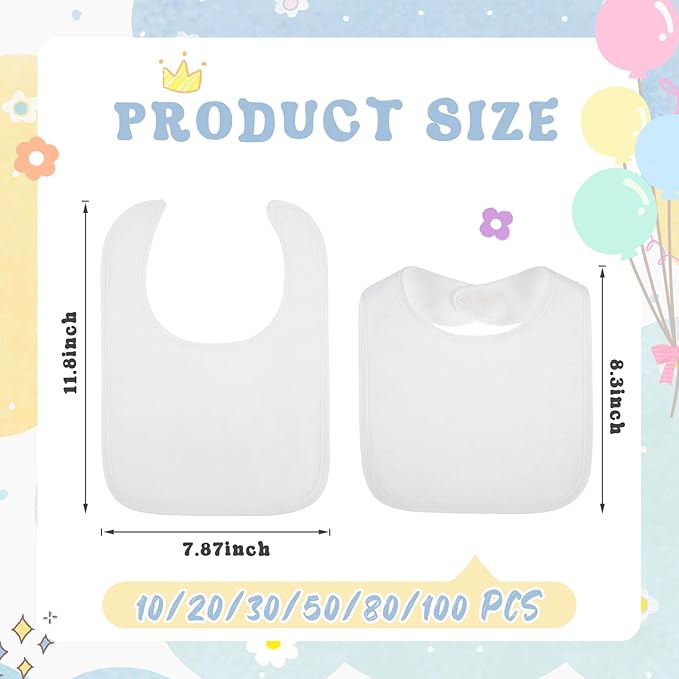 Toulite 10 Pcs White Bibs for Baby Washable Reusable Waterproof Cotton Feeder Bibs with Double Sided Design for Baby Shower Activity and Gifts