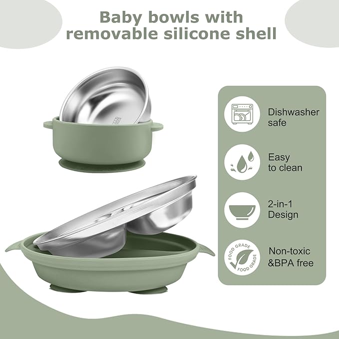 Stainless Steel Baby Plate and Bowl with Suction, Baby Bowl and Divided Kids Toddler Plate with Removable Silicone Shell, Non-Slip Toddler Baby Feeding Set, Forks + Spoons Included-Green