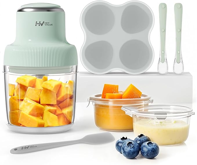 HEYVALUE Baby Food Maker, 13-in-1 Baby Food Puree Blender, Fruit, Vegatable, Meat, with Food Containers, Baby Food Processor Freezer Tray, Silicone Spoons, Silicone Spatula(Light Green)