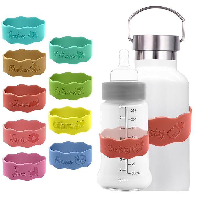Personalized Baby Bottle Labels for Daycare Custom Water Bottle Name Bands Customized Engraved Silicone Baby Reusable Bottle Straps Labels for Cups School-Coral Red