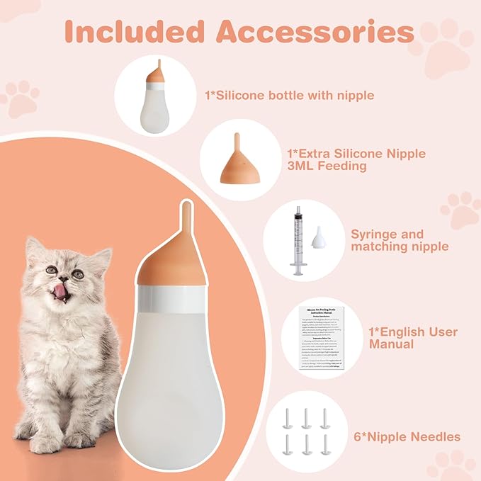 Kitten Bottle Feeding Kit, Soft Silicone Squeezable Puppy Bottles for Adjustable Milk Flow with Replacement Nipple & Syringe, Newborn Puppy & Kitten Milk Feeder(White, 3.2fl oz)