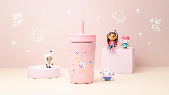 Zak Designs DreamWorks Gabby's Dollhouse Kelso Toddler Cups For Travel or At Home, 12oz Vacuum Insulated Stainless Steel Sippy Cup With Leak-Proof Design is Perfect For Kids (Cakey Cat)