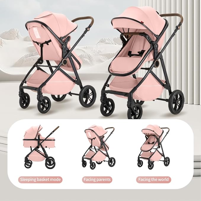 2 in 1 Baby Stroller, High Landscape Infant Stroller Pram Foldable Pushchair with Adjustable Canopy, Storage Basket, Suspension Wheels,5-Point Harness,Mom Bags (Black)
