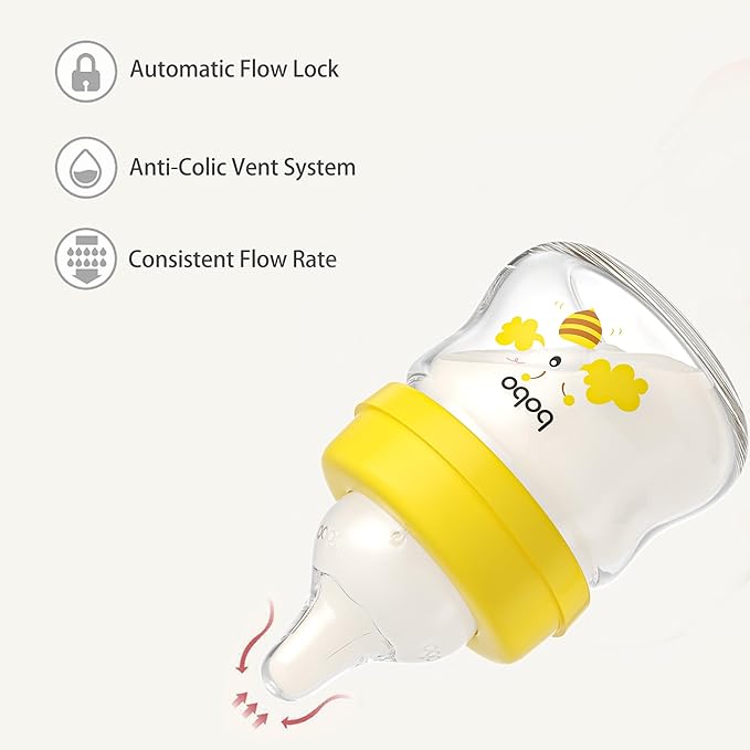 YOHKOH Glass Baby Bottles with Slow Flow Nipple, Newborn Anti-Colic Baby Bottles for 0+ Months, Wide Neck Feeding Bottle, Clear (Yellow, 2.7oz (Pack of 2))