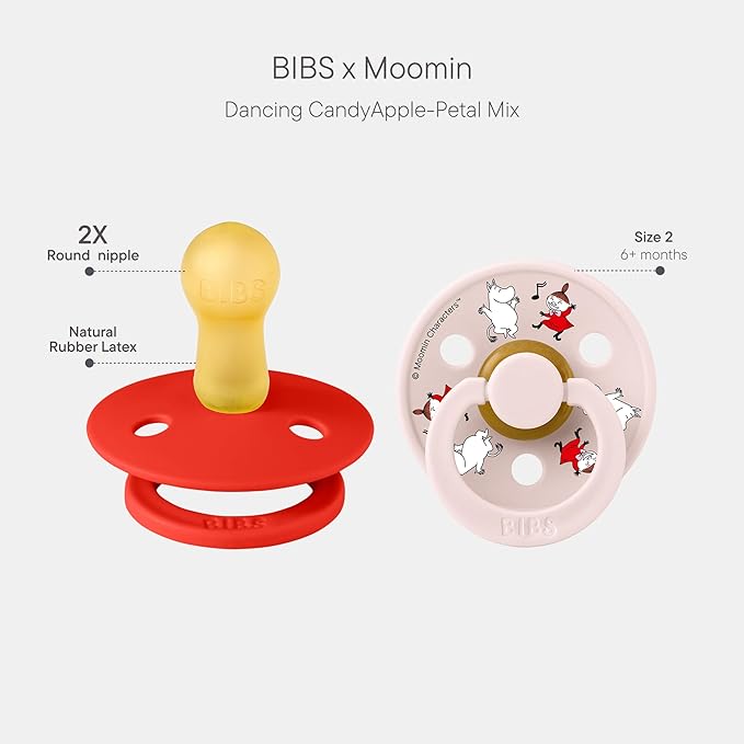 BIBS Colour Moomins Pacifier 2-Pack, BPA Free Pacifier, Round Nipple. Natural Rubber Latex, Made in Denmark, Size 2 (6-18 Months), Candy Apple/Petal
