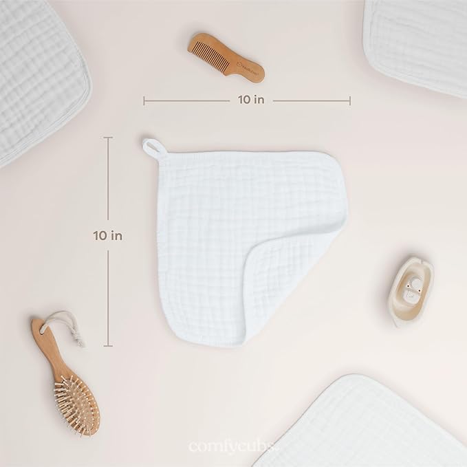 Comfy Cubs Muslin Baby Washcloths 10 Pack - Soft 6-Layer Cotton Wash Cloths for Sensitive Skin - 10"x10" Large, Gentle, Absorbent Infant Essentials for Newborn and Toddlers - White