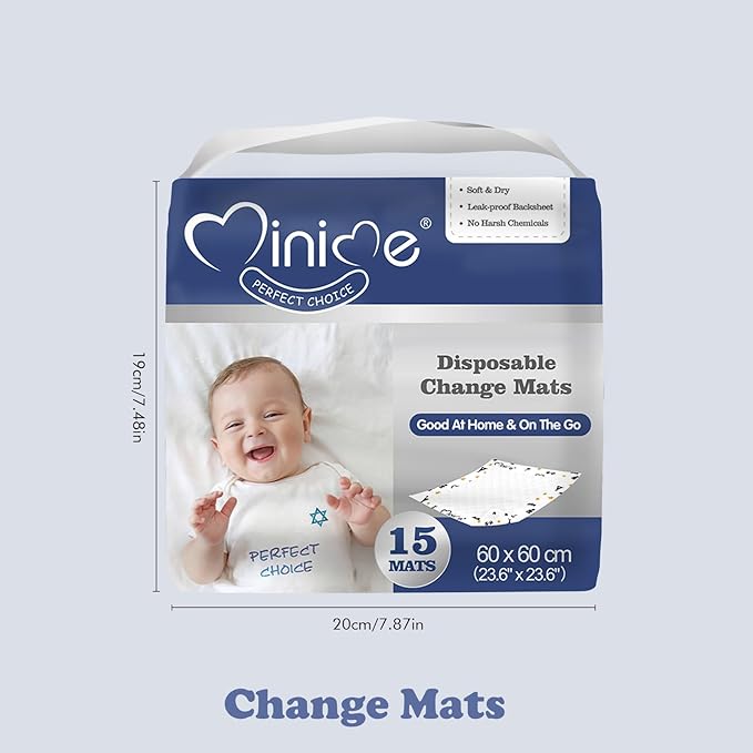 Minime Baby Disposable Changing Pads 23.6 x 23.6 in (15 Count), Super Soft, Ultra Absorbent Diaper Liners, Leak Proof Mats, Waterproof Incontinence Underpads