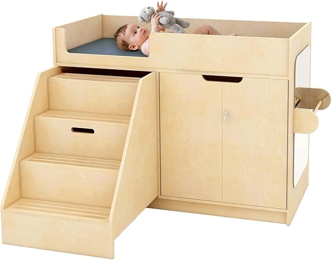 Wooden Baby Changing Table with Mirror, 100% Birch Plywood Toddler Diaper Changing Station with Stairs & Storage, Montessori Furniture for Daycare, Nursery, Home, School