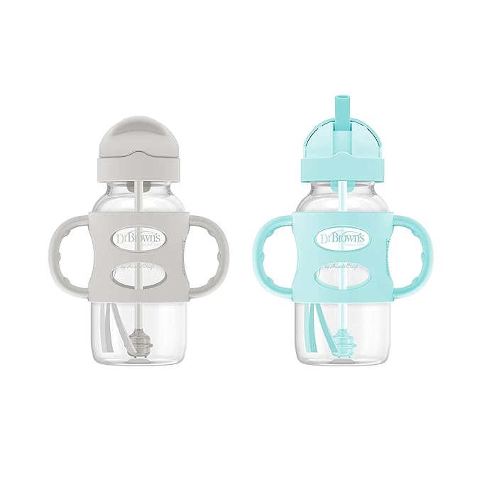 Dr. Brown's Milestones Wide-Neck Sippy Straw Bottle with 100% Silicone Handles and Weighted Straw, 9 oz/270 mL, Gray & Green, 6m+ (Pack of 6)
