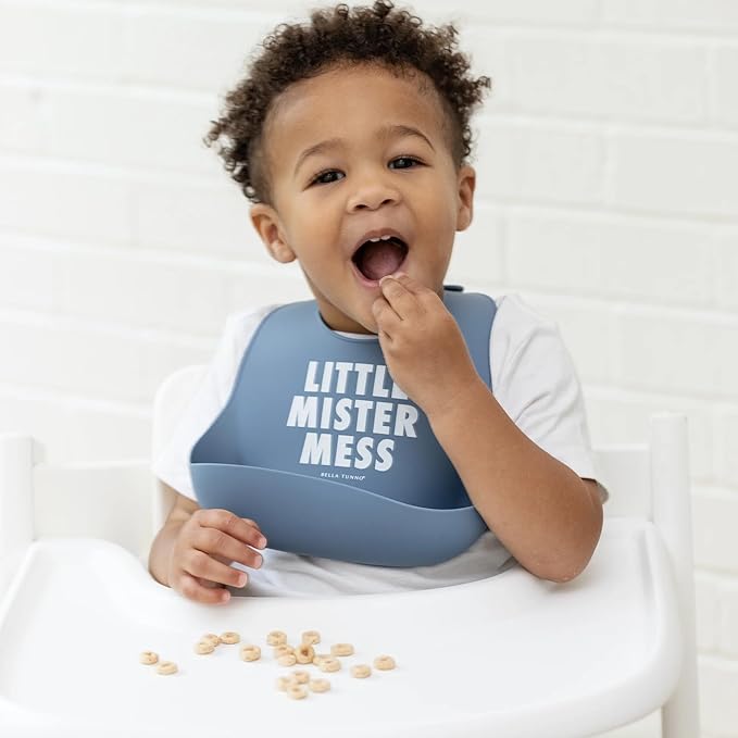 Baby Bib for Eating by Bella Tunno, Waterproof Silicone Bib with Large Food Catcher, Adjustable Fit for Babies 4-12 months & Toddlers 1-3 Years, Boys & Girls, Little Mister Mess