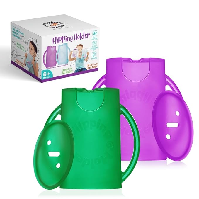 Flipping Holder Squeeze Proof Food Pouch Holder for Toddlers, Babies, Kids, Mess Free No Squeeze Juice Box Drink and Applesauce Snack Holder with Easy Grip Handles and Lid
