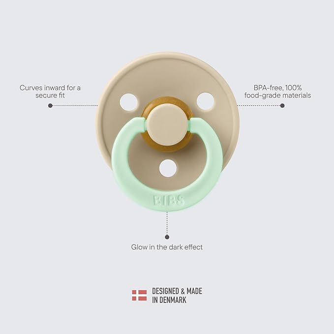 BIBS Pacifiers Colour Collection | Natural Rubber Baby Pacifier | Round Nipple | Set of 2 BPA-Free Soothers | Made in Denmark | 18+ Months (Pack of 2) | Vanilla Night