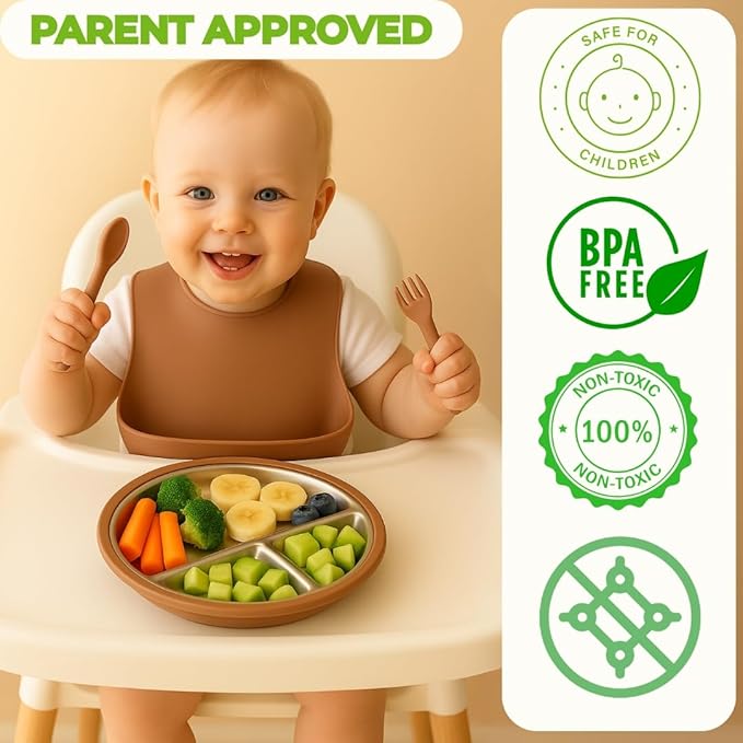 Stainless Steel Toddler Plate with Suction Set of 2, 8” Divided Plates with Removable Silicone Sleeves for Kids, Non Toxic & BPA Free | Non Slip | Unbreakable Baby Dishes, (Mocha Mousse & Sage Green)