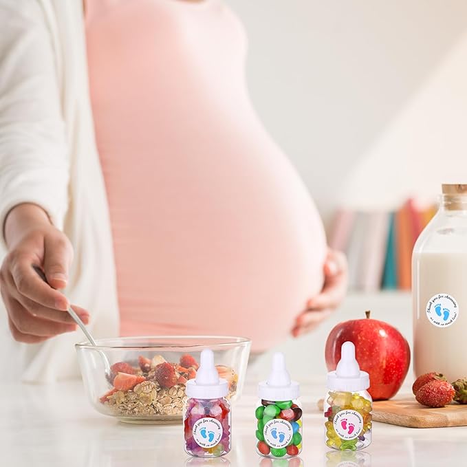 62 Pcs 3.5 Inch Baby Mini Milk Bottle Baby Shower Favor with 500 Adhesive Thank You for Showering Stickers, Small Plastic Candy Bottle DIY Gift for Boy Girl Newborn Baptism Party Decor (White)