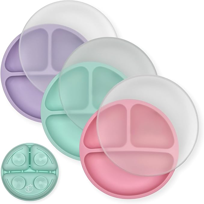Hippypotamus Toddler Plates with Suction - 100% Food-Grade Silicone Baby Plates with Lids - Microwave & Dishwasher Safe - BPA Free - Set of 3 (Pink/Mint/Lavender with LIDS)