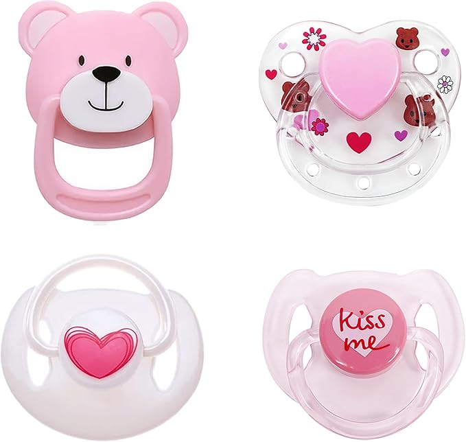 MAREBABY Pink Style Magnetic Pacifier Set 4 Pieces for Reborn Baby Dolls Feeding Toy Accessories Set for Kids Gift