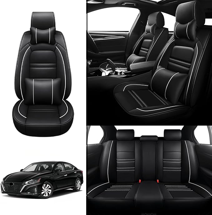 Car Seat Covers for Nissan Car Altima 1998-2025 | 5-Seats Seat Covers, Waterproof Seat Protectors, Automotive Seat Covers (Full Set with Pillow,Black&White Line)