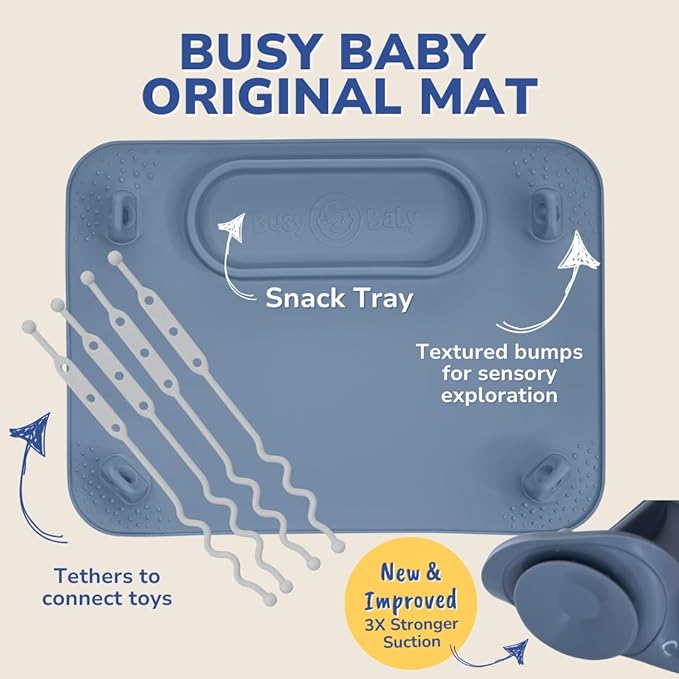 BUSY BABY Silicone Mat - New and Improved Suction Cups, 4 Straps to Secure Baby Essentials, Self Feeding, Baby Led Weaning, Travel Sleeve Included (Tan)