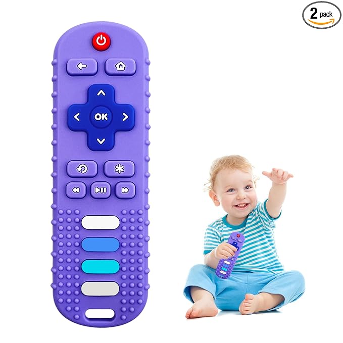 Silicone Teething Toys for Babies, Remote Control Shape Silicone Teethers, Cute Chew Toys for Boys and Girls,BPA Free Teether Early Educational Sensory Toy Purple