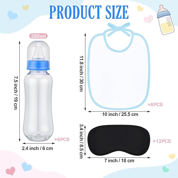 Leinuosen 24 Pcs Baby Shower Blindfold Feeding Game Set Include 6 Plastic Chug Bottles 6 Bib and 12 Eye Mask Blindfold Baby Feeding Bottle Chug Game for Adult Gender Reveal Party Supplies(Blue)