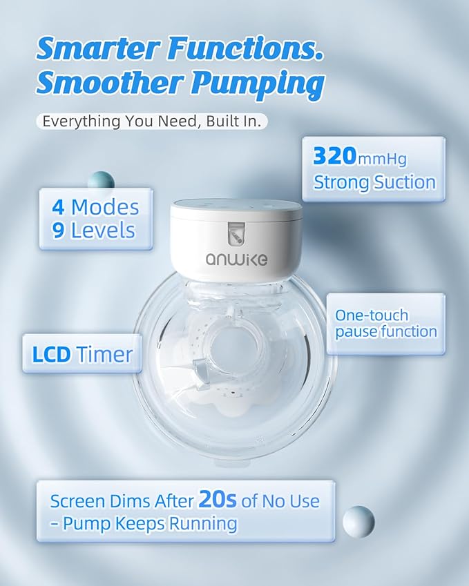 ANWIKE Hands Free Breast Pump Ultra-Light 230g, Wearable Breastfeeding Pump Portable for Travel and Work, Low Noise, Ergonomic 135° Flange, 9 Levels 4 Modes with 19/21mm Flange Inserts (White 2 Pack)