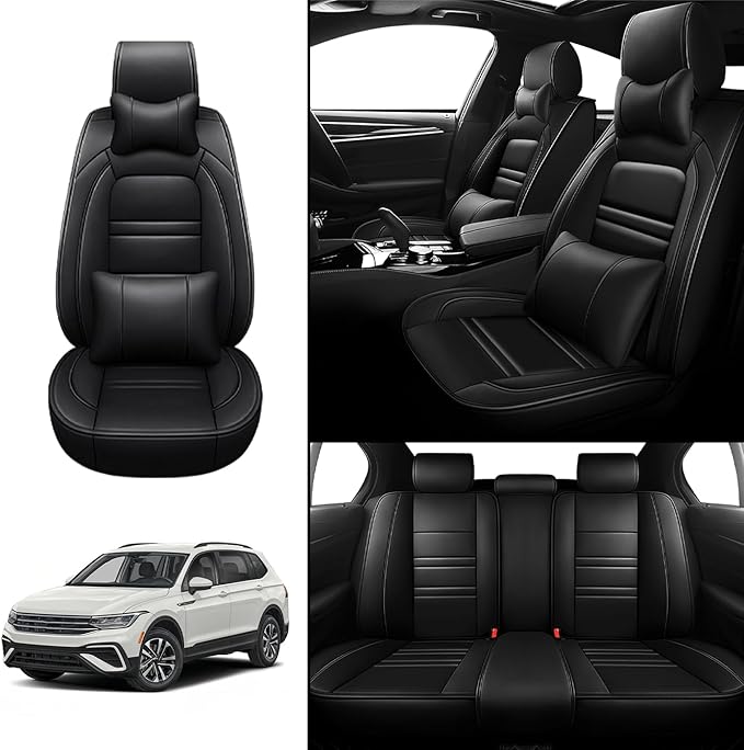 Car Seat Covers for VW Car tiguan 2009-2025 | 5-Seats Seat Covers, Waterproof Seat Protectors, Automotive Seat Covers (Full Set with Pillow,Black)
