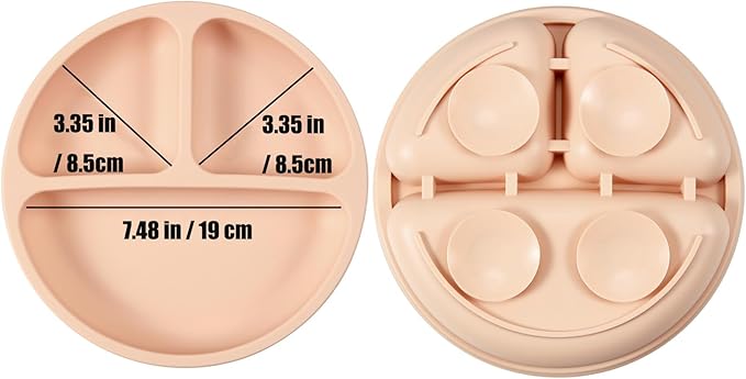 PandaEar 3 Pack Toddler Plates with 3 Spoons, 100% Silicone Divided Suction Plate for Babies, BPA-Free, Dishwasher and Microwave Safe -Pink/Brown/Brick red