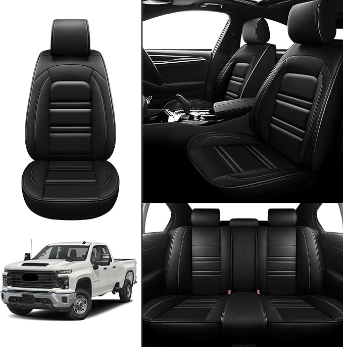 Seat Covers for Chevy Silverado 2500 2007-2025 | 5-Seats Leather Seat Covers, Easy to Install Automotive Seat Covers Full Set (Full Set, Black)