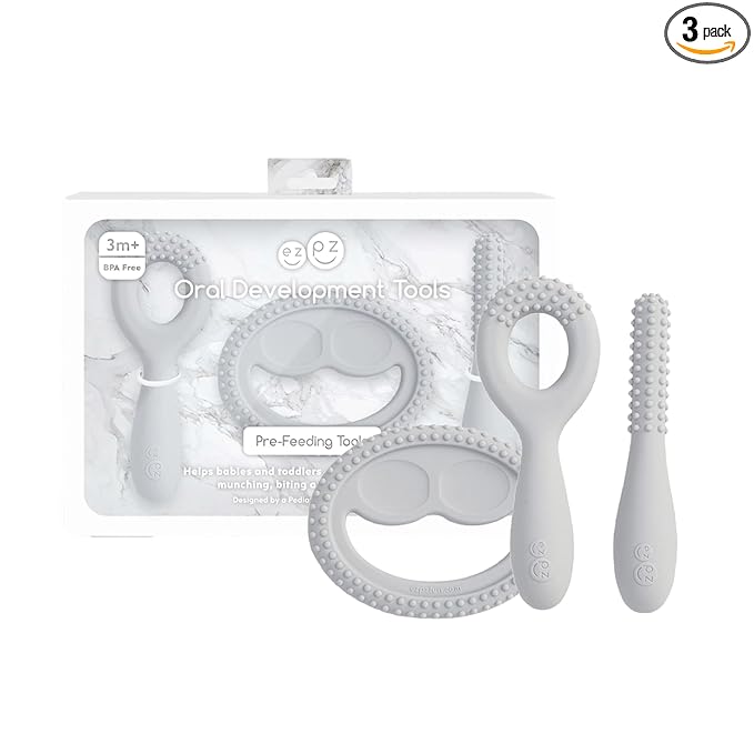 ezpz Oral Development Tools (3 Pack in Pewter) - 3 Months+ - Non-Slip Loop, Smile and Stick 100% Silicone Tools - Prepare for Chewing + Solids - Baby-Led Weaning Supplies