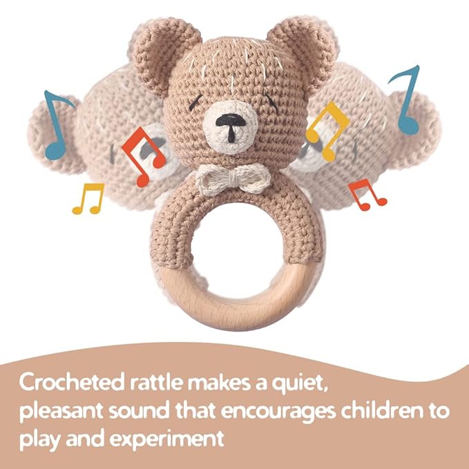 WOODEN TEETHER Baby Rattle, Shaker Toy,Crochet Baby Rattle, Crochet Baby Toys, Organic Wooden Newborn Toys, Newborn Animal Rattle Toys，Knitted Stuffed Animals Gifts for Baby, Kahki Bear