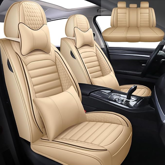 Leather Car Seat Covers for Toyota Corolla 2006-2024,Car Seat Covers Full Set,Seat Covers with Safety,Waterproof Seat Cover Compatible Airbag(5pcs Beige Luxury)