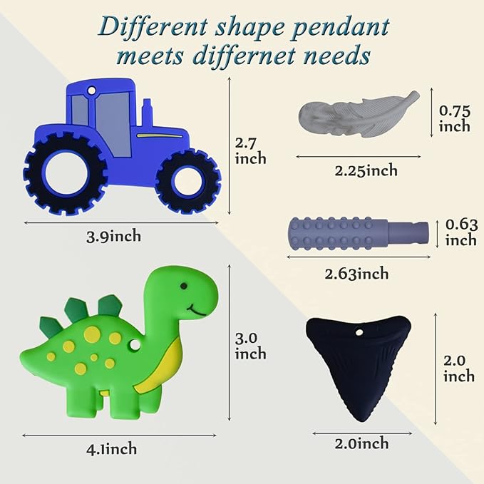 Chew Necklace for Sensory Kids, 5Pcs Chewy Necklaces for Boys and Girls with Autism ADHD PICA, Chewable Silicone Pendant for Reducing Fidget Anxiety,Dinosaur Tractor Chewing Pendants for Toddler