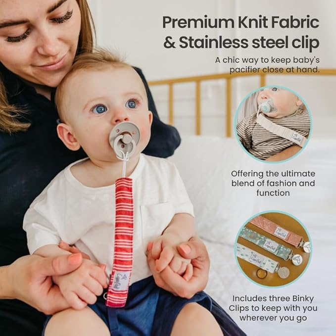 Copper Pearl Pacifier Clip 3-Pack: Premium Knit Binky Clips for Baby Girls and Boys - Stylish Stainless Steel Pacifier Holder Clip - Baby Pacifier Clips for No More Floor Drops - Santa Fe
