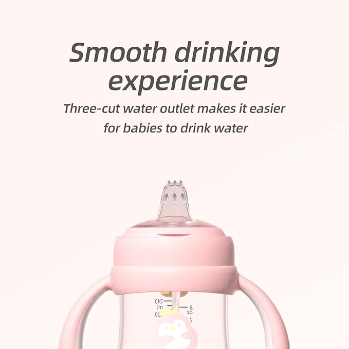 Piifur Tritan Sippy Cup with Storage Lid for 6-18 Months Leak Proof, Weighted Straw Learner Cup with Handle for Baby 8 Ounce (Pink)