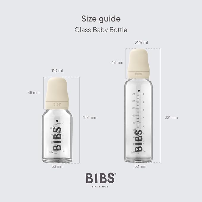 BIBS Baby Glass Bottle. Anti-Colic. Round Natural Rubber Latex Nipple. Supports Natural Breastfeeding, Complete Set - 225 ml, Cloud