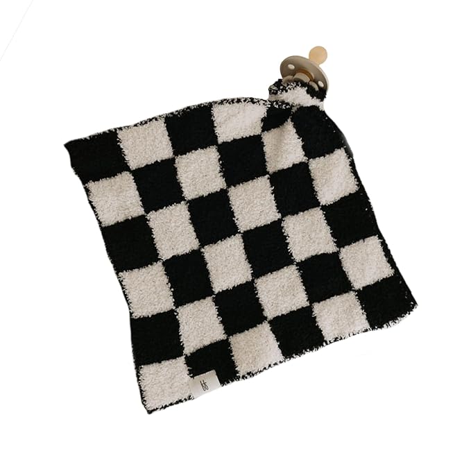 Forever French Baby | Lovey | Pacifier Holder | Lovey Baby Gifts | Boy & Girl | Ideal for Age 0 Months & Up | Microfiber Feather Yarn (Black & White Checkerboard)