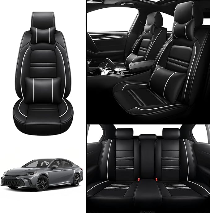 Car Seat Covers for Toyota Camry 2002-2025 | 5-Seats Seat Covers, Waterproof Seat Protectors, Automotive Seat Covers (Full Set with Pillow,Black&White Line)