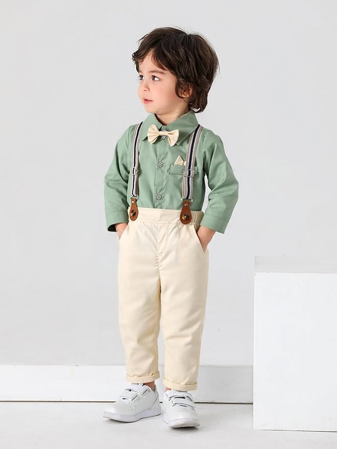 Boarnseorl Baby Boys Pants Sets,Toddler Gentleman Outfits, Infant Long Sleeve Shirt + Pants + Bow Tie + Suspenders